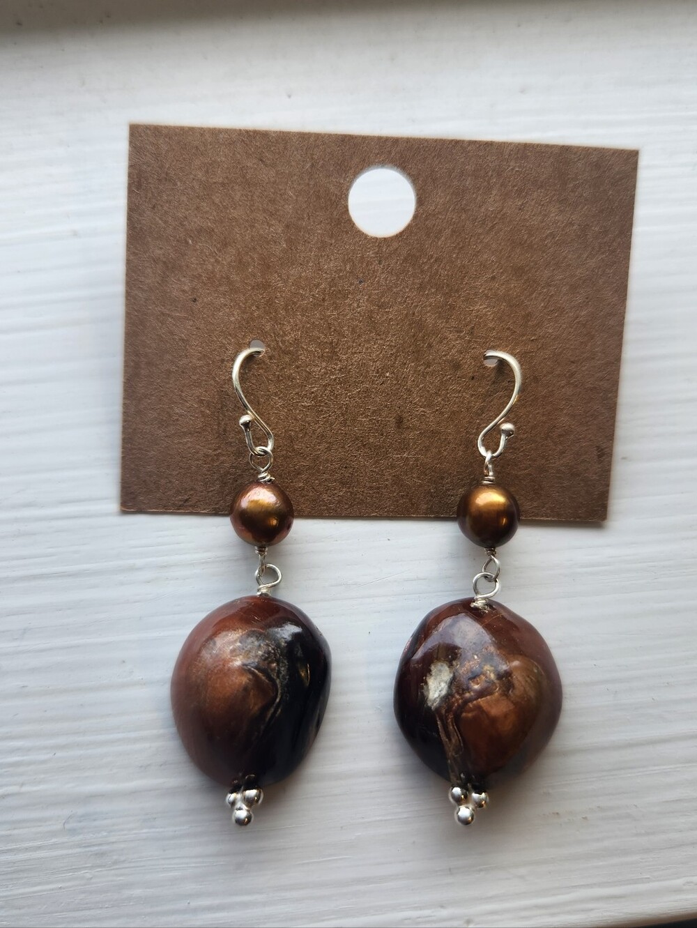 Genuine Brown Abalone Pearl Drop Earrings, Sterling Silver, New